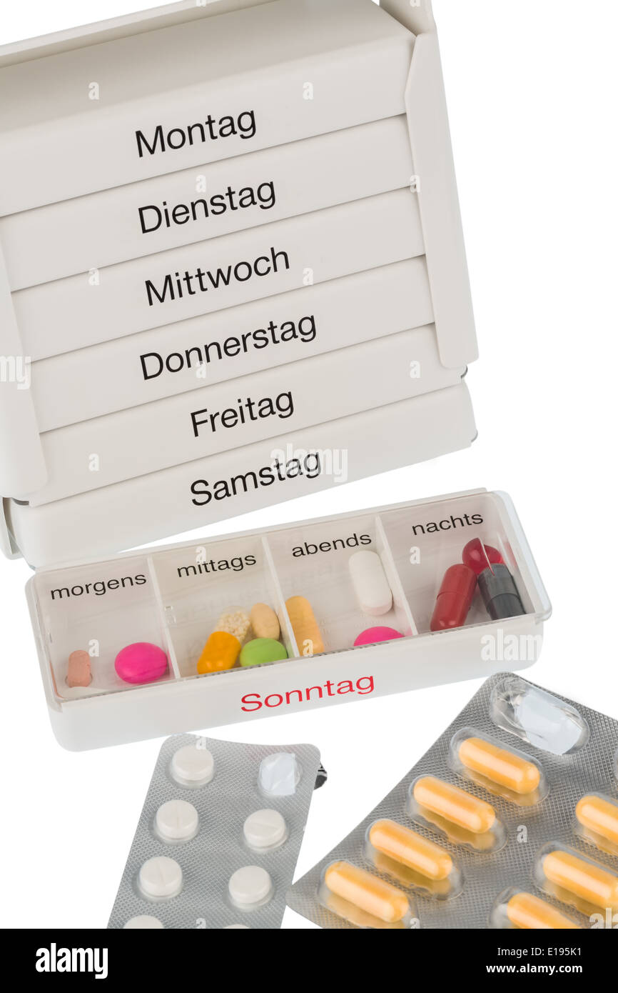 Tablettenspender und Tabletten, Symbolfoto f¸r Therapie, Verordnung, Dosierung Stock Photo