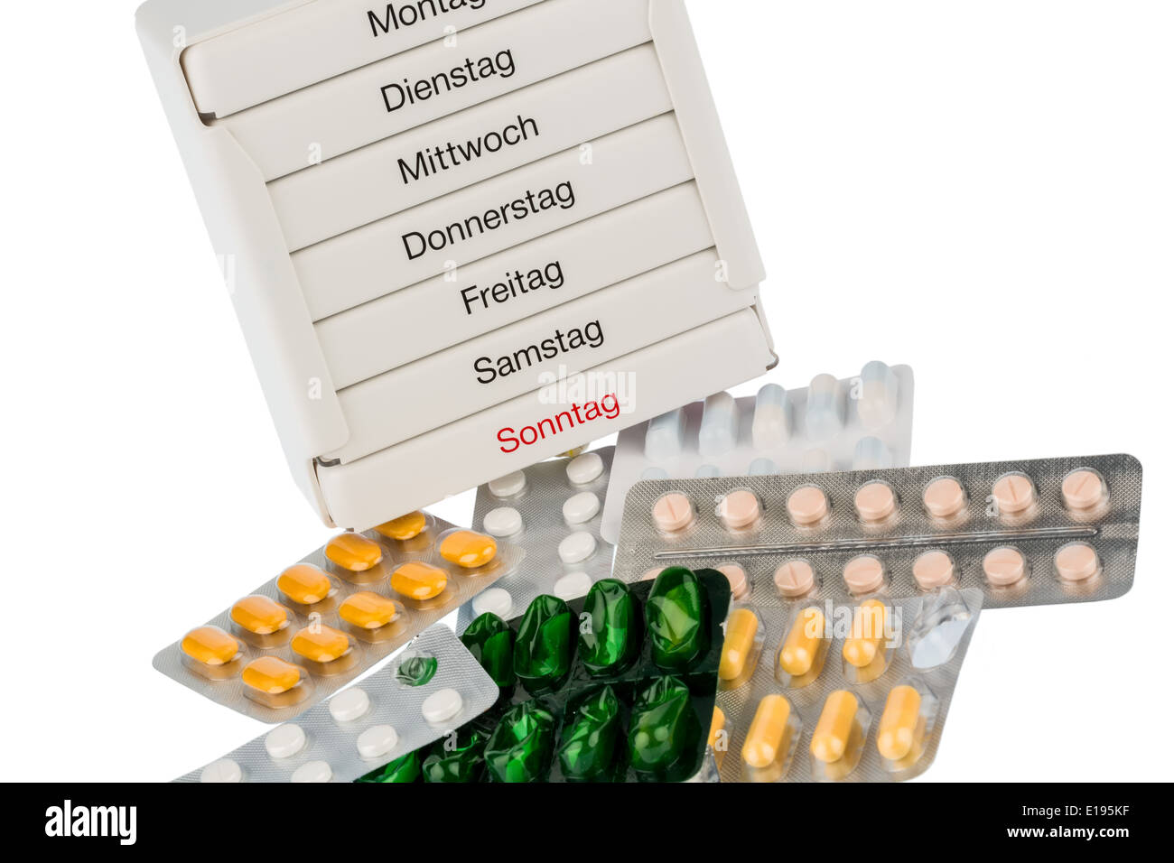 Tablettenspender und Tabletten, Symbolfoto f¸r Therapie, Verordnung, Dosierung Stock Photo