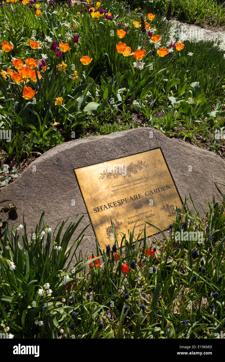 Plaque Marker Shakespeare Garden Central Park Nyc Stock Photo