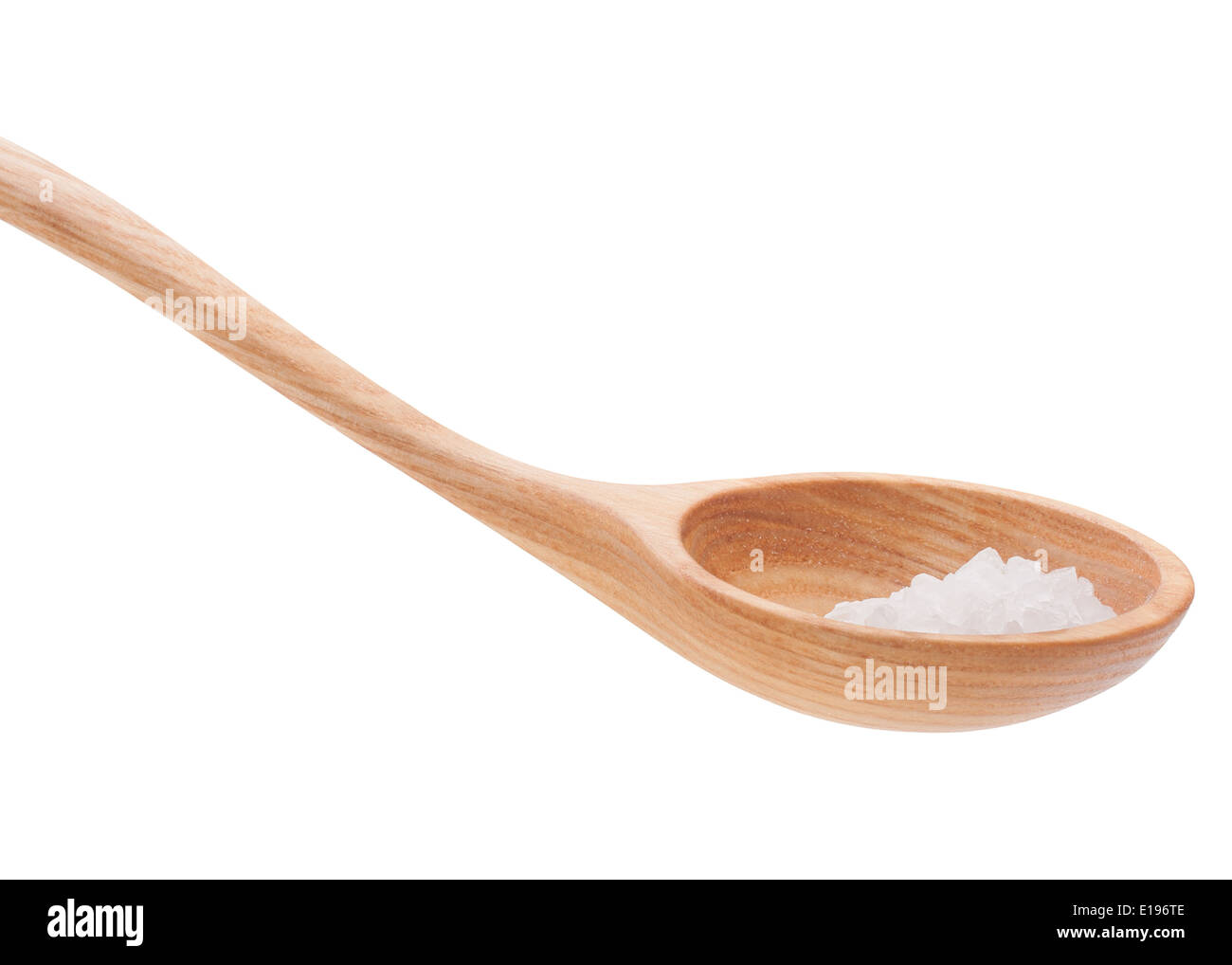 Mineral salt in wooden spoon isolated on white background cutout Stock