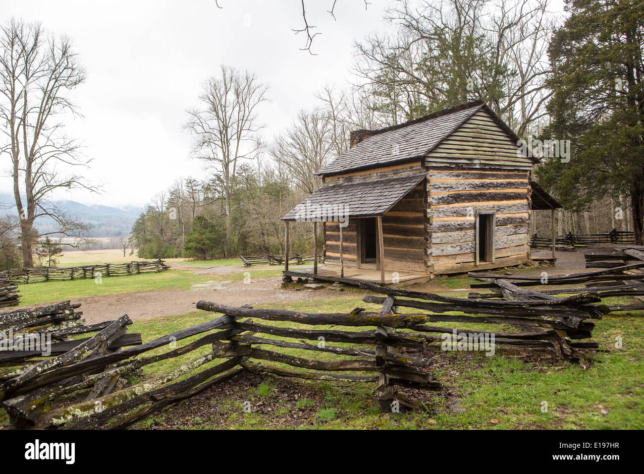 John Oliver Cabin is pictured in the Cades Cove area of the Great Smoky Mountains National Park in Tennessee Stock Photo