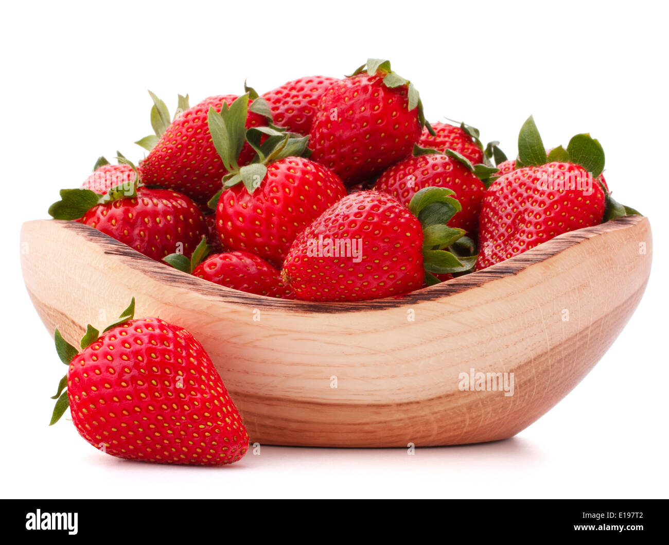 Strawberries in wooden bowl isolated on white background cutout Stock ...