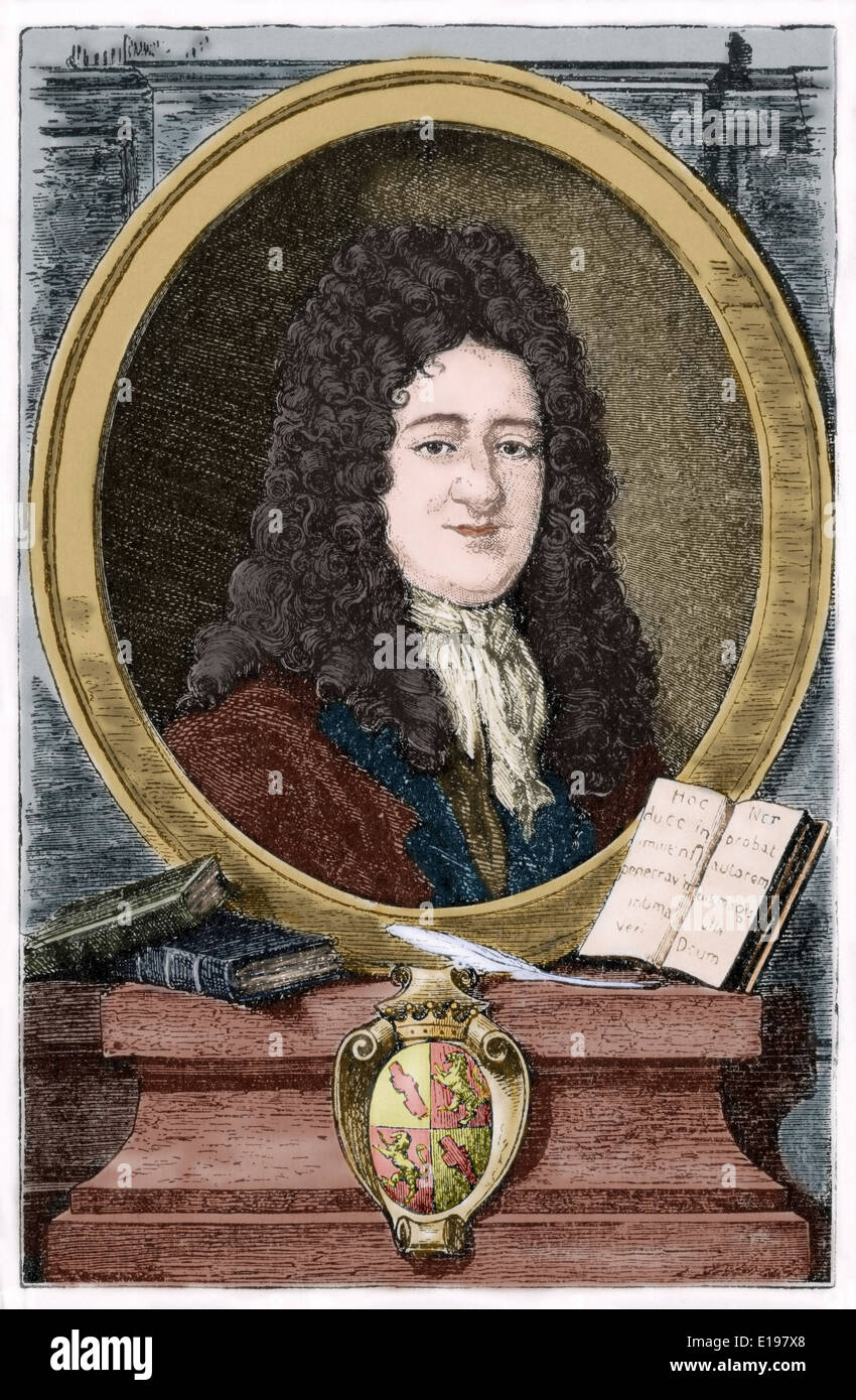 Gottfried Wilhelm Leibniz (1646-1716). German mathematician and philosopher. Engraving. Colored. Stock Photo