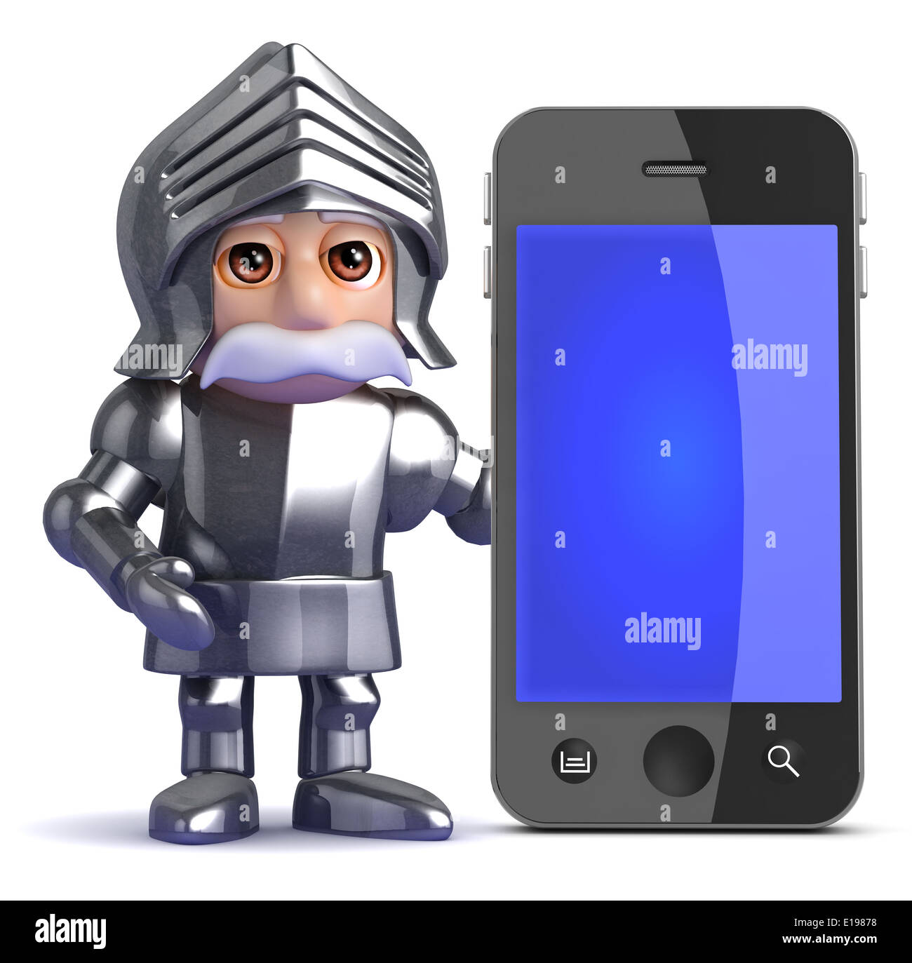 3d Gallant knight in silver armour stood next to a smartphone Stock Photo