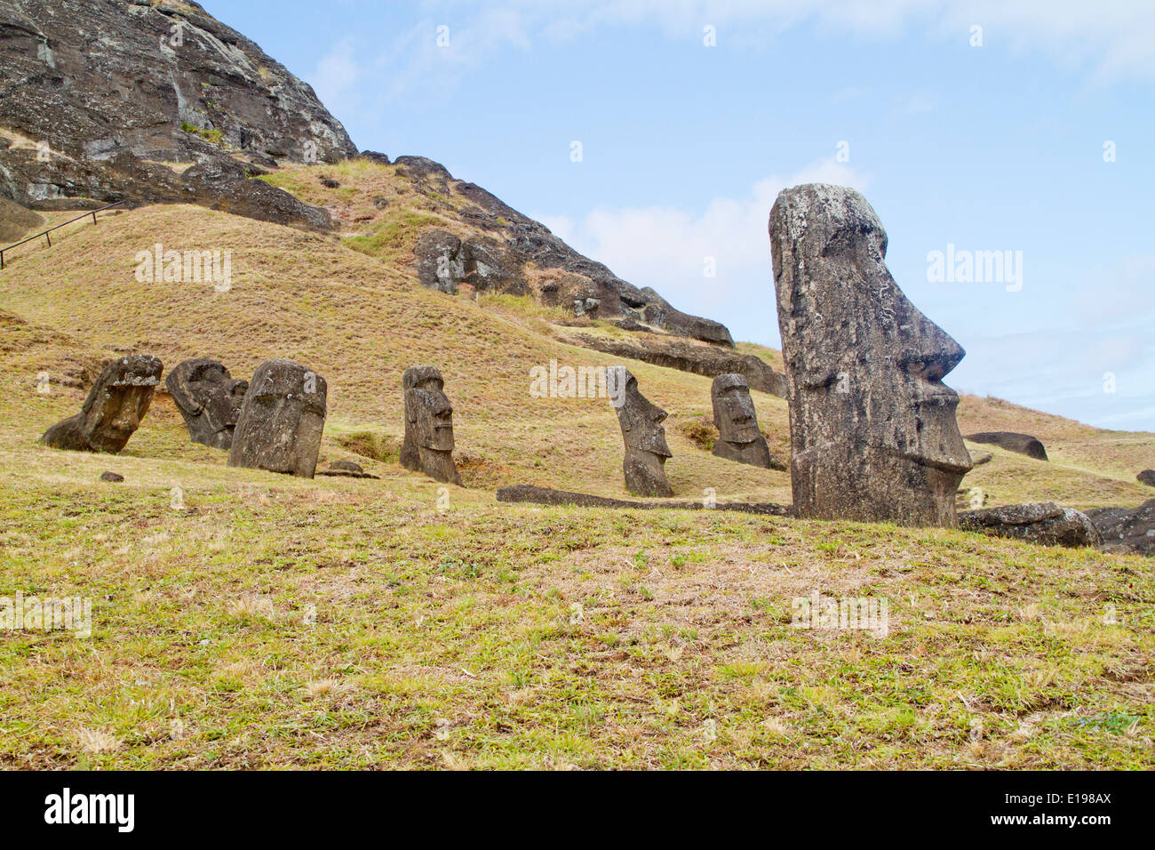 Statues called moai carved from volcanic tuff rock at the quarry on the