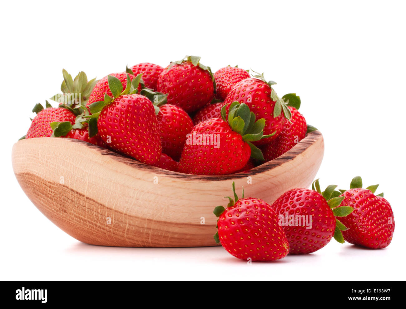 Strawberries in wooden bowl isolated on white background cutout Stock ...