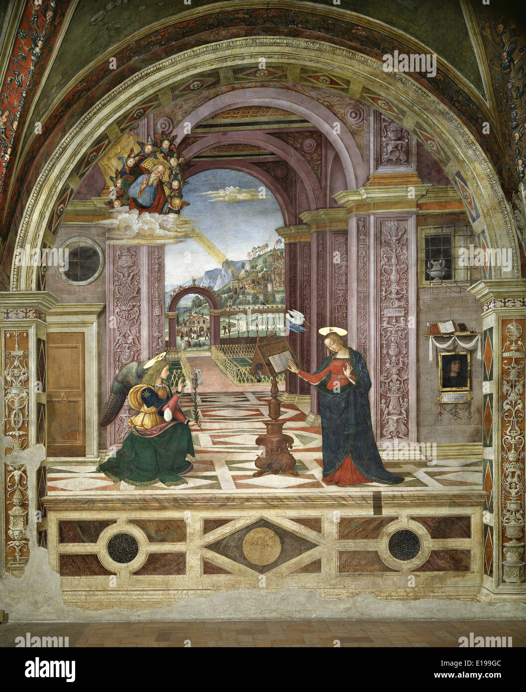 Baglioni Chapel painted by Pinturicchio in the church of Santa Maria Maggiore in Spello, Umbria, Italy; The Annunciation Stock Photo