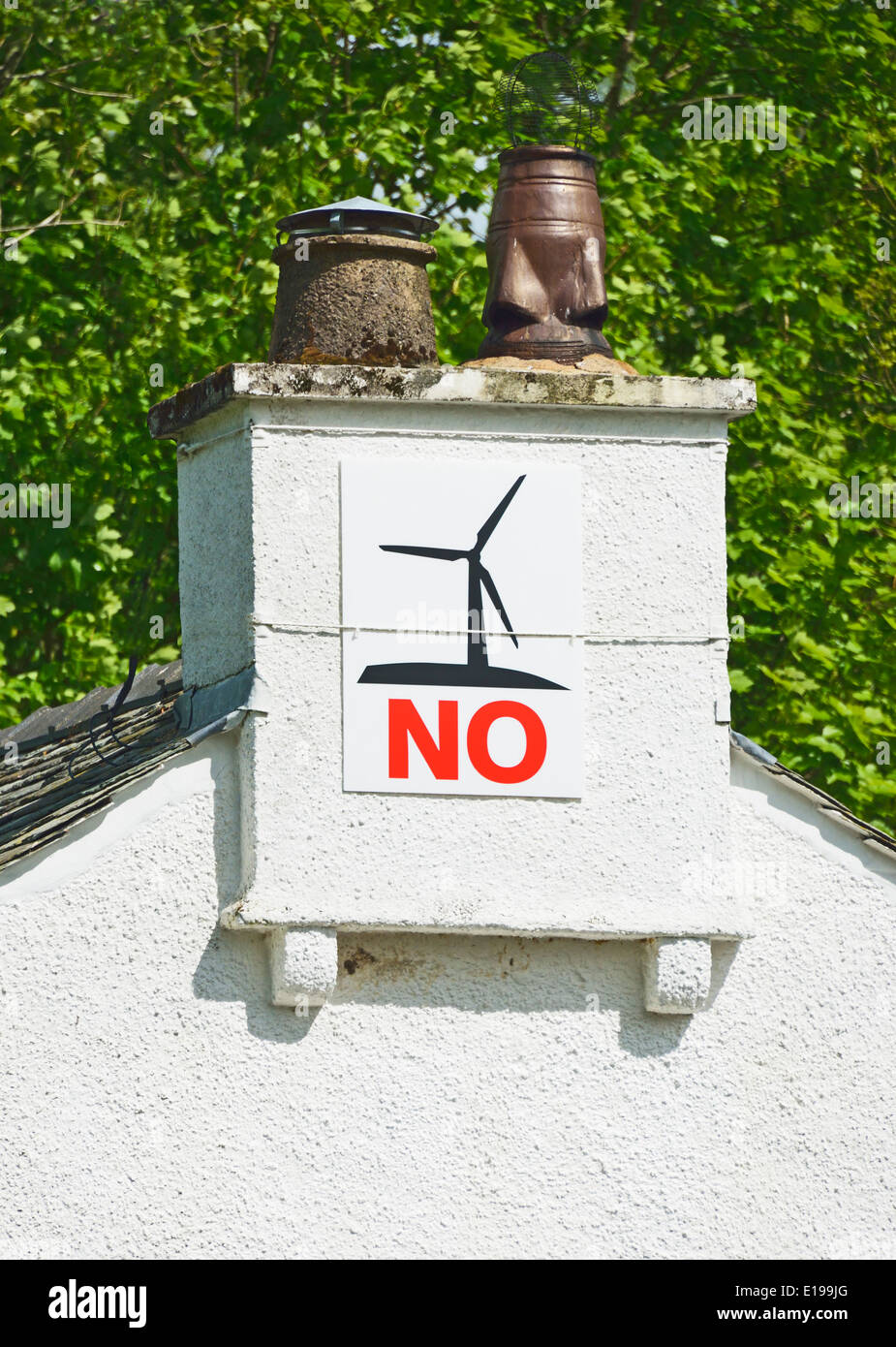 Windfarm protest poster on house chinmey stack. Orton, Cumbria, England, United Kingdom, Europe. Stock Photo