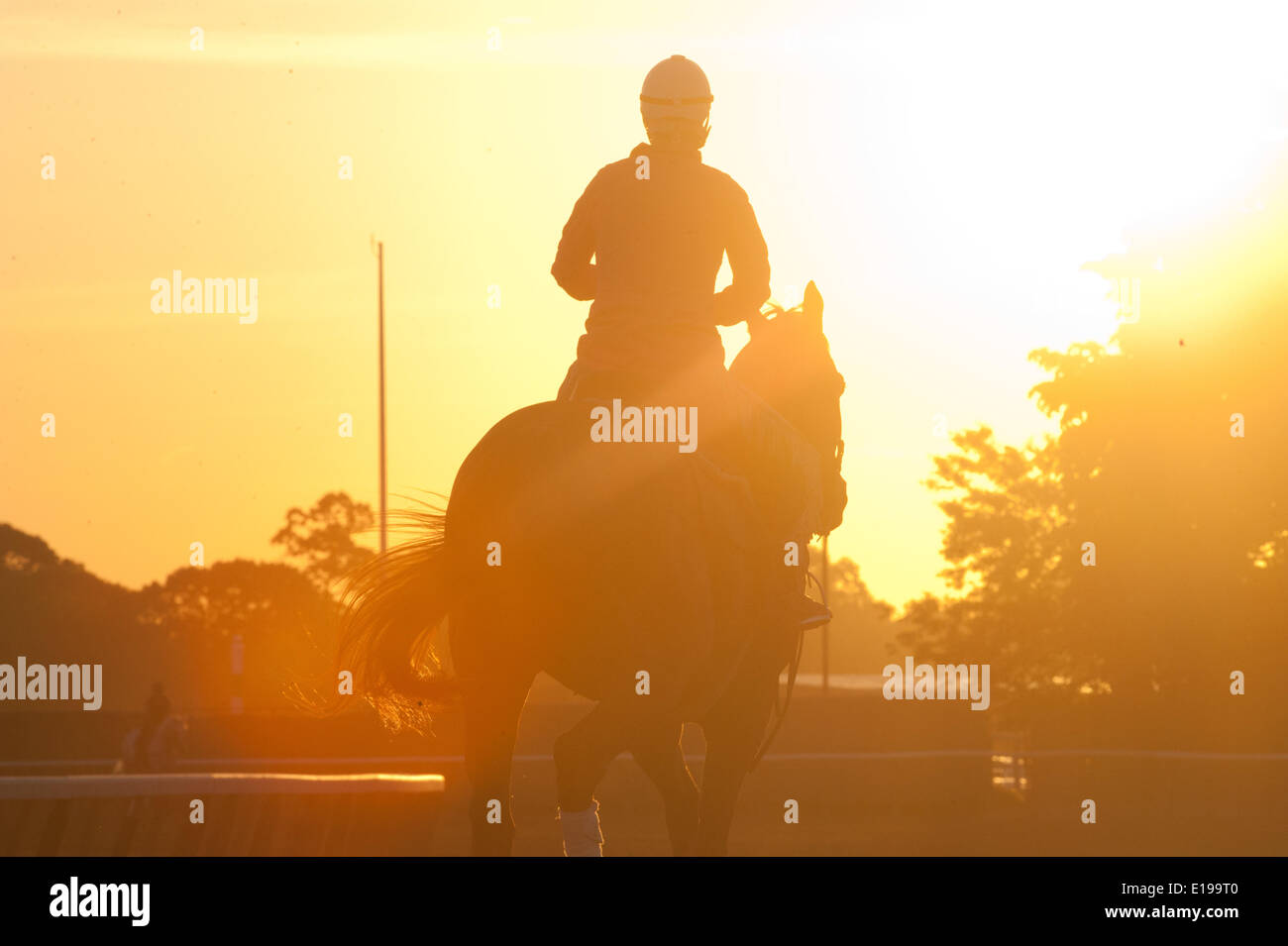Elmont, New York, USA. 27th May, 2014. Sunrise with horses on the the main track at Belmont Park, Tuesday, May 27, 2014. Credit: Bryan Smith/ZUMAPRESS.com/Alamy Live News Stock Photo