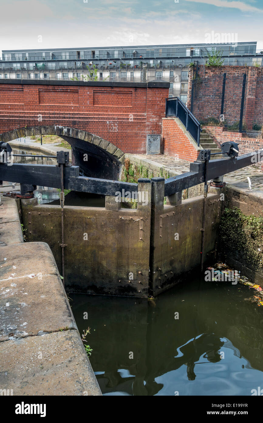 Lock gates on the Rochdale Canal going through Manchester City Centre