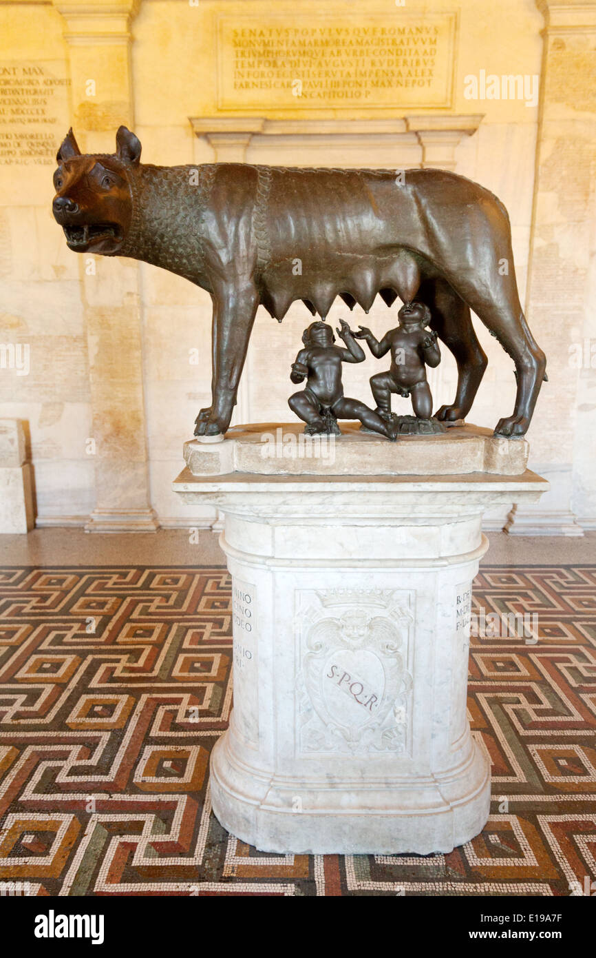The Capitoline wolf; bronze statue of the she wolf and Romulus and Remus, the Capitoline Museum, Rome Italy Europe Stock Photo