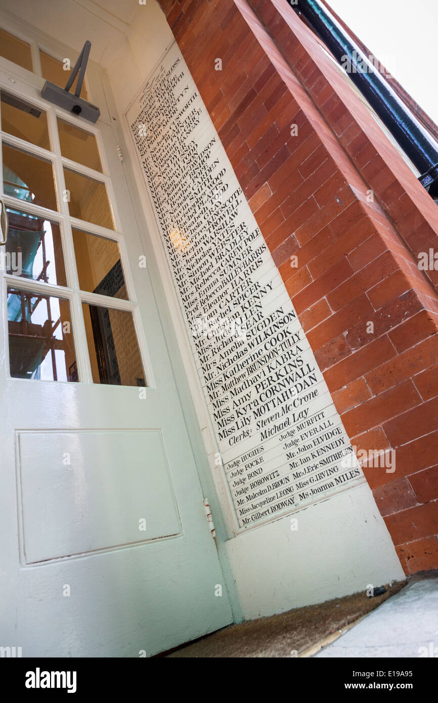 List of Barristers and Judges names at entrance to Hare Court Inner Temple London. Stock Photo