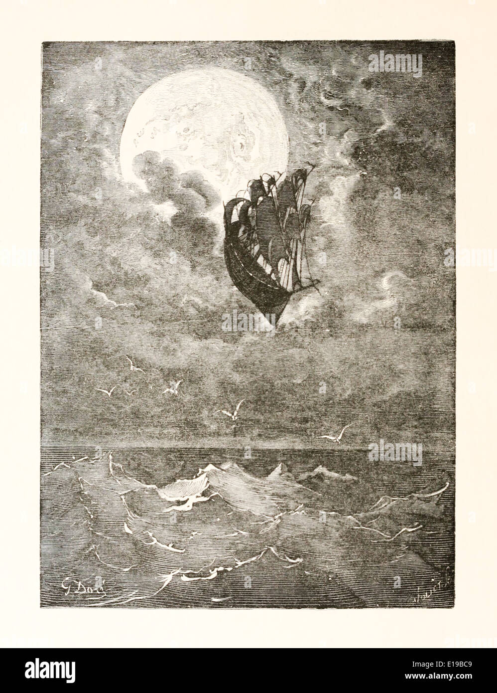 Paul Gustave Doré (1832-1883) illustration from ‘The Adventures of Baron Munchausen’ by Rudoph Raspe published in 1862. Moon Stock Photo