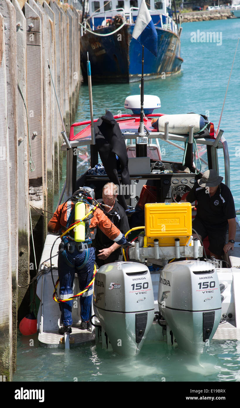 Commercial diver diving in Napier Port North Island New Zealand Stock
