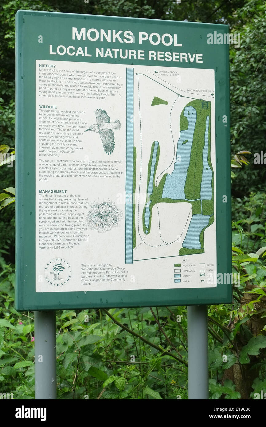 Monks Pool local nature reserve information board in Winterbourne, South Gloucestershire, 27 May 2014 Stock Photo
