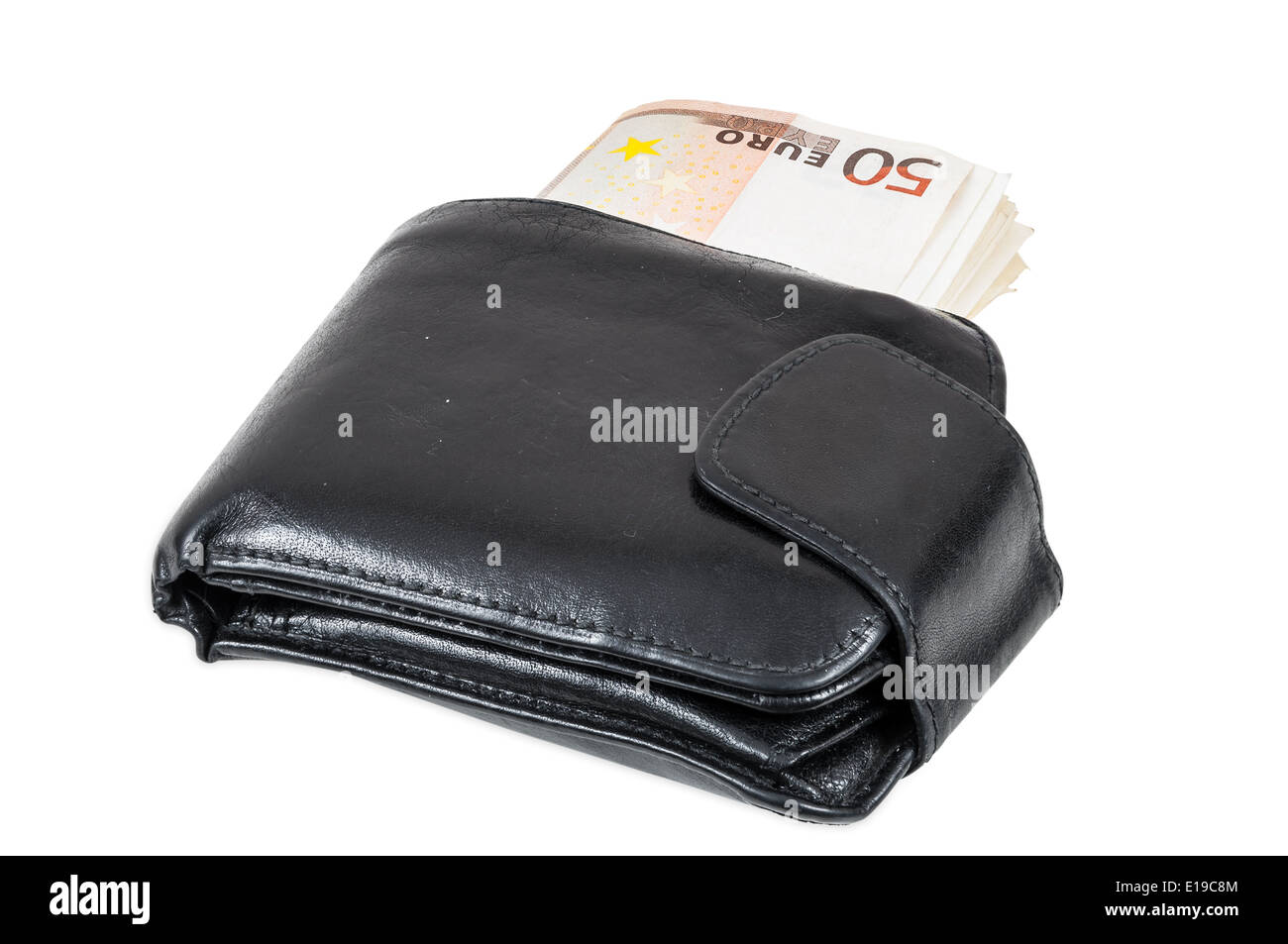 Euro banknotes in black wallet isolated on white background with clipping path Stock Photo
