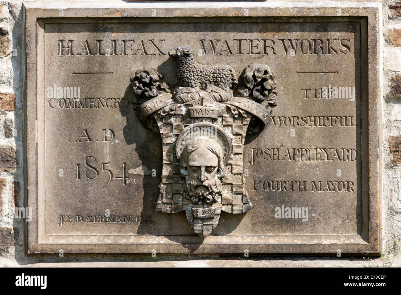 Date stone commemorating construction of Ogden Water reservoir near Halifax, West Yorkshire Stock Photo
