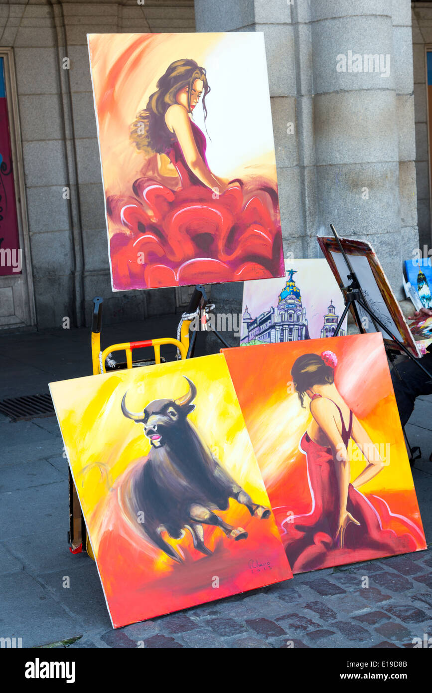 Artist paintings for sale in the Plaza Mayor, Madrid, Spain Stock Photo