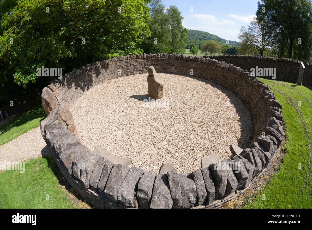 Circular pinfold in dry stone walling exhibition in Shibden Park, Halifax, West Yorkshire Stock Photo