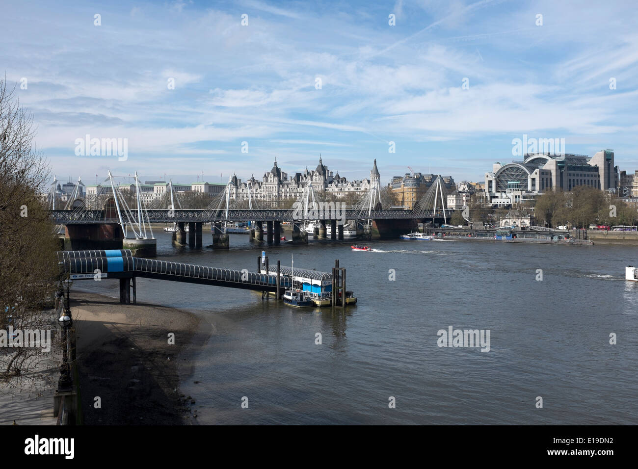 View from Waterloo Bridge across River Thames to Jubilee (Hungerford) Bridge London Stock Photo
