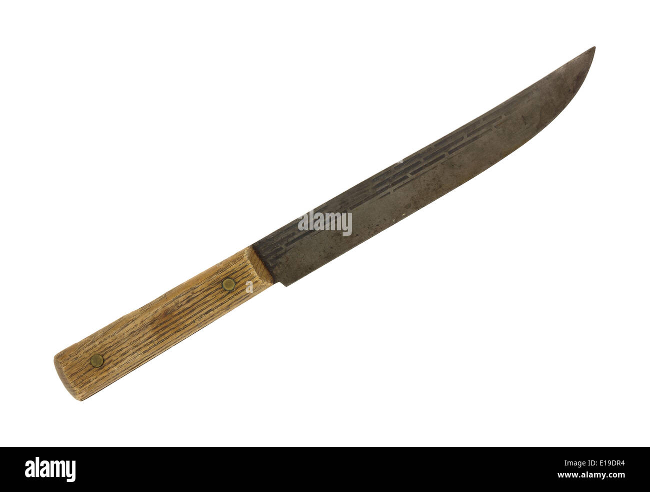 An old wood handled meat knife with a worn blade isolated on a white background. Stock Photo