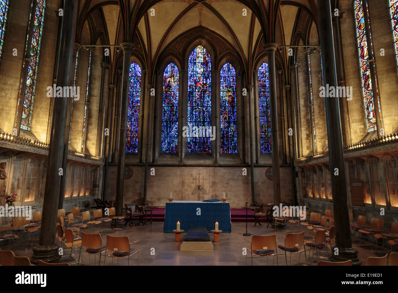 Stained glass windows in Salisbury Cathedral, Wiltshire. UK. Stock Photo