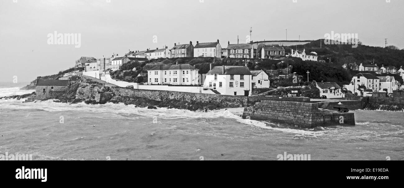 Porthleven harbour Cornwall Black and white image Stock Photo