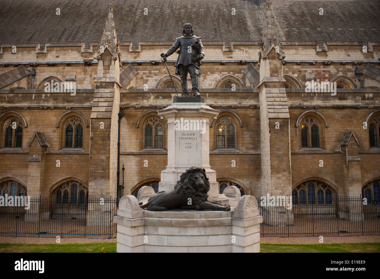 Statue of Oliver Cromwell outside of Westminster Hall, The houses of Parliament. Stock Photo