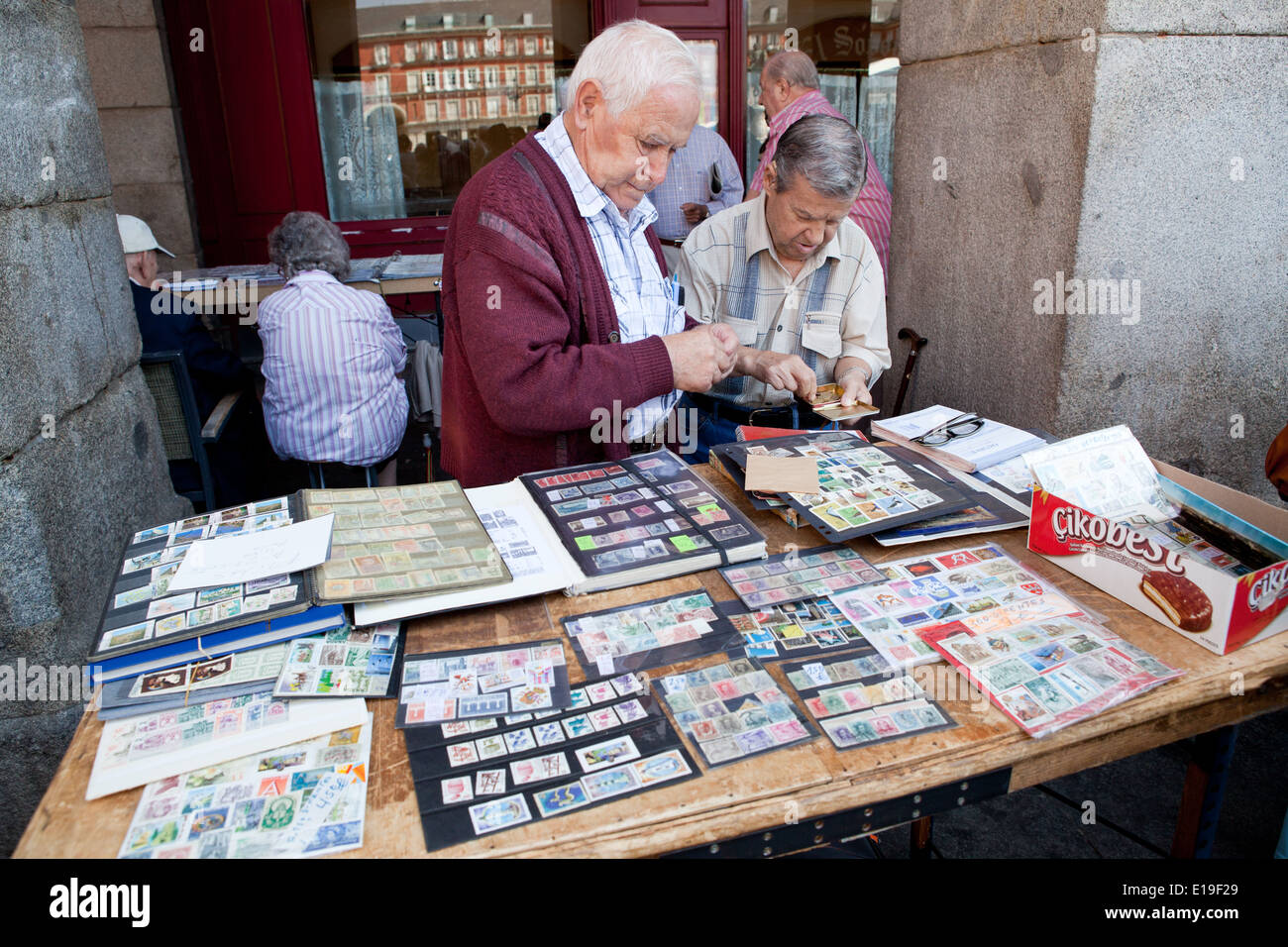 Stamp collectors in the Plaza Mayor Stock Photo