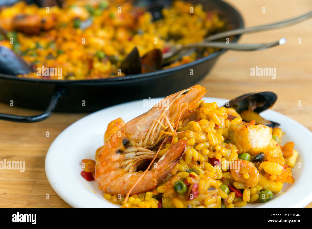 Spanish seafood paella Stock Photo