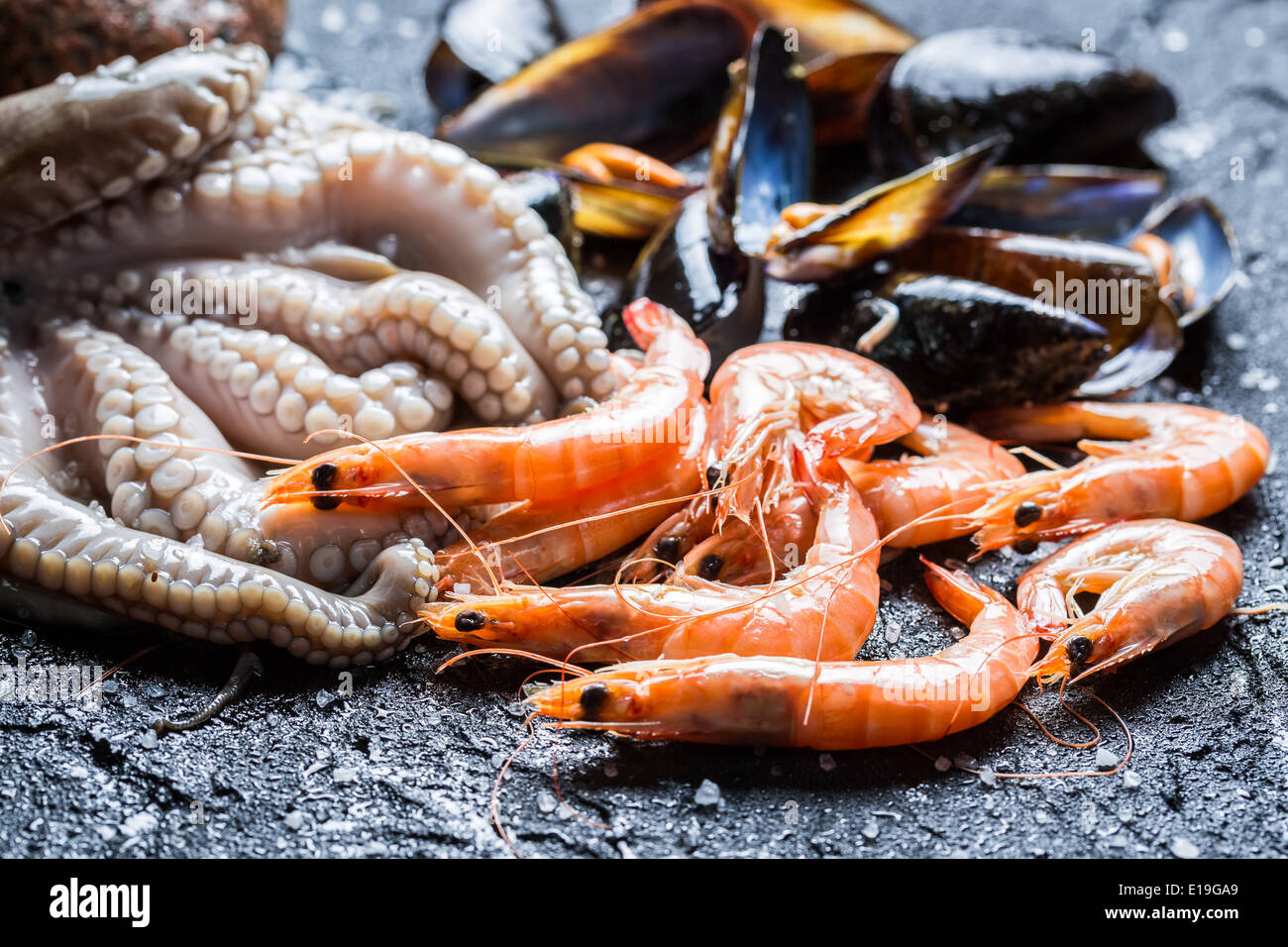 Three kinds of fresh seafood Stock Photo Alamy