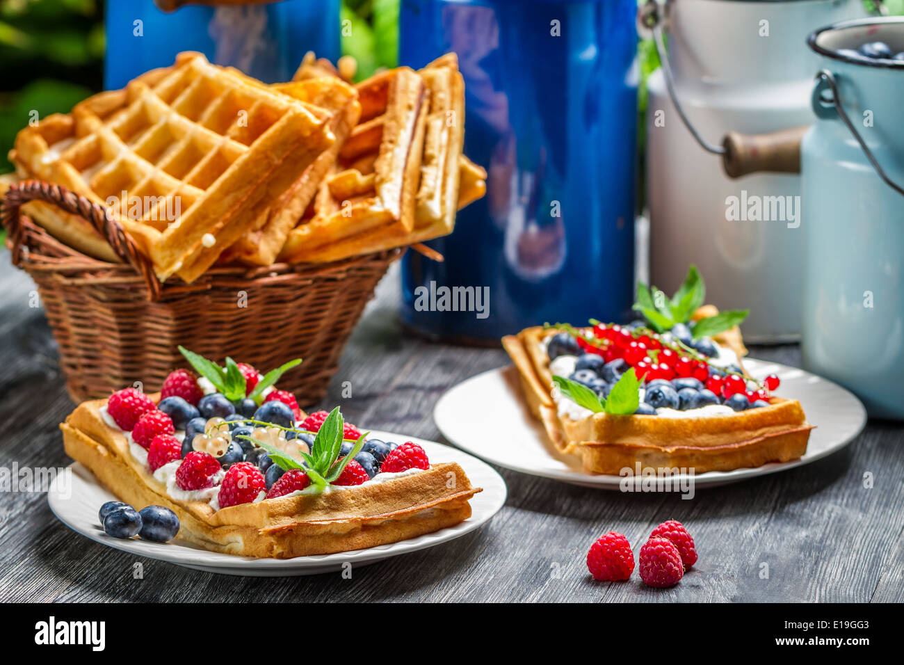 Waffles with fruit and whipped cream Stock Photo - Alamy