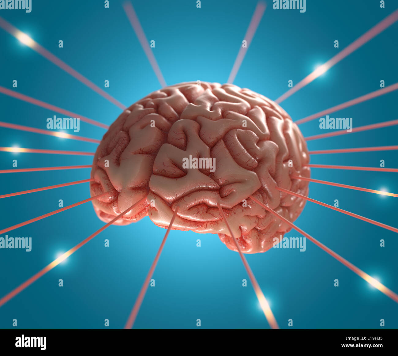 Concept human brain sending energy through the cables. Stock Photo