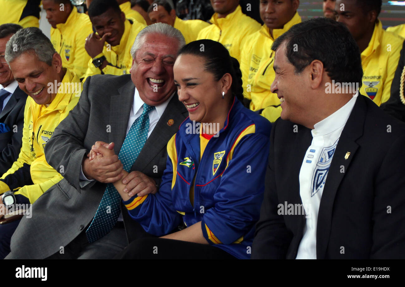 (140528) -- QUITO, May 28, 2014 (Xinhua) -- (L-R) Head coach Reinaldo Rueda of Ecuador's national soccer team, President of the Ecuatorian Soccer Federation Luis Chiriboga, President of the National Assembly Gabriela Rivadeneira and Ecuatorian President Rafael Correa react during the farewell act for Ecuador's national soccer team, in the Grande Square, in Quito, capital of Ecuador. Ecuador's national soccer team got farewell by its supporters in an act where President Rafael Correa delivered to the capitan Luis Antonio Valencia the Tricolor Flag as sign of support to the team by the Ecuatoria Stock Photo