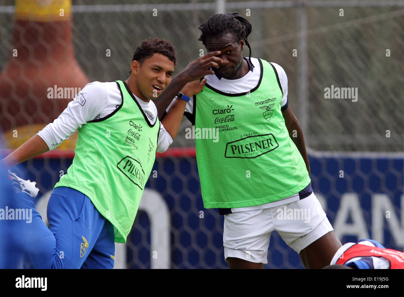 Quito, Ecuador. 27th May, 2014. Jefferson Montero (L) and Felipe Caicedo (R) of Ecuador's national soccer team take part in a training session at the 'Casa de la Seleccion' in Quito, capital of Ecuador, May 27, 2014. Ecuador is preparing for its friendly matches against Mexico and England, in the U.S., before the Brazil 2014 FIFA World Cup. Credit:  Santiago Armas/Xinhua/Alamy Live News Stock Photo
