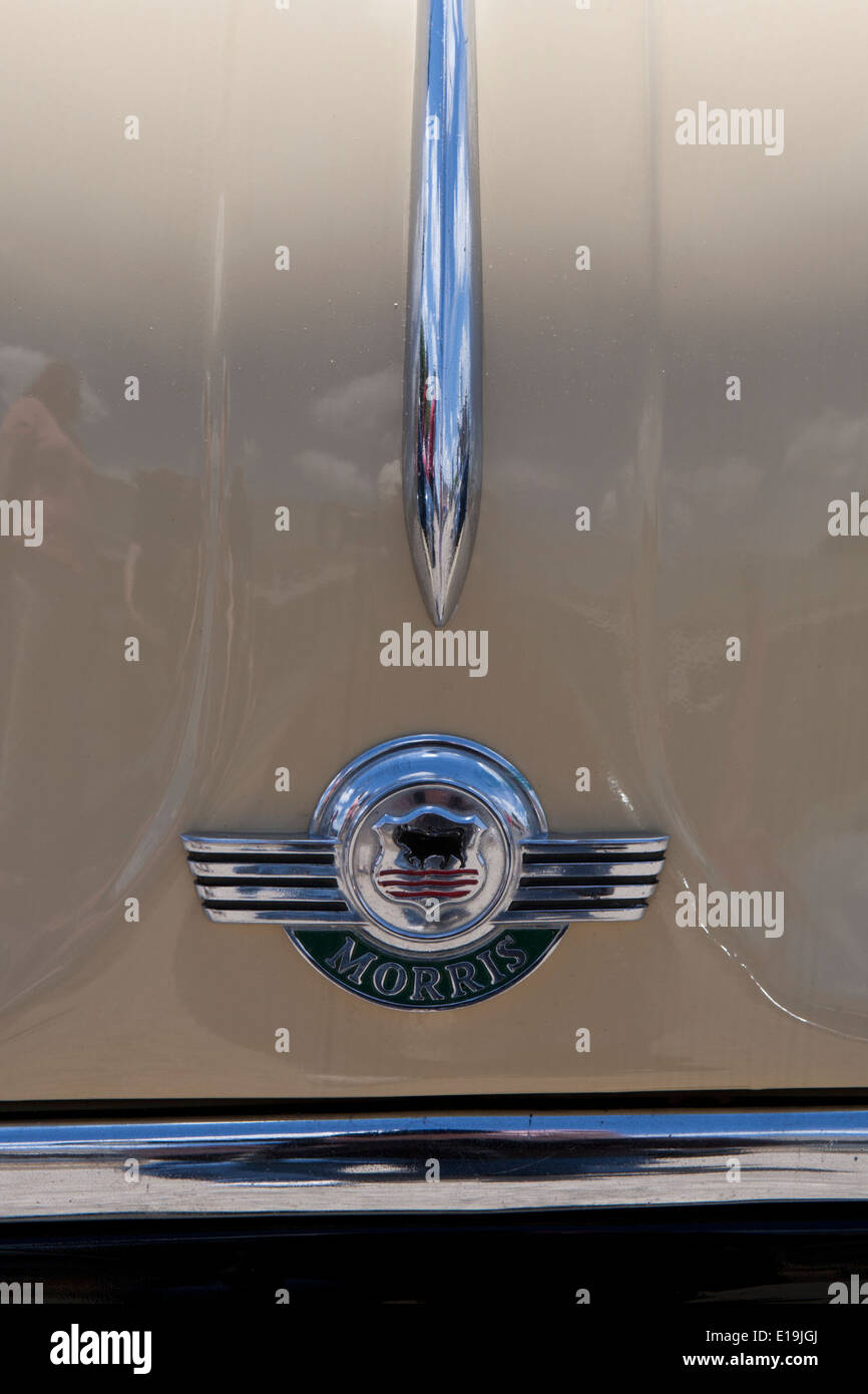 Front hood emblem for a 1957 Morris automobile. Stock Photo