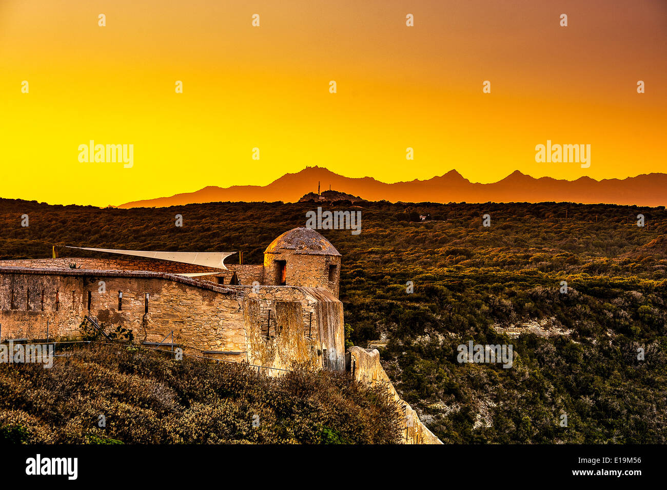 Europe, France, Corse-du-Sud (2A), Bonifacio. The ramparts at sunset. Stock Photo