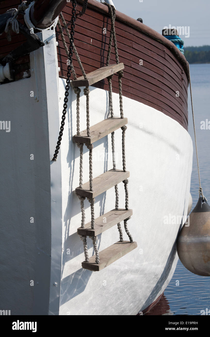 ship bow with fender and rope ladder, Lappeenranta Finland Stock
