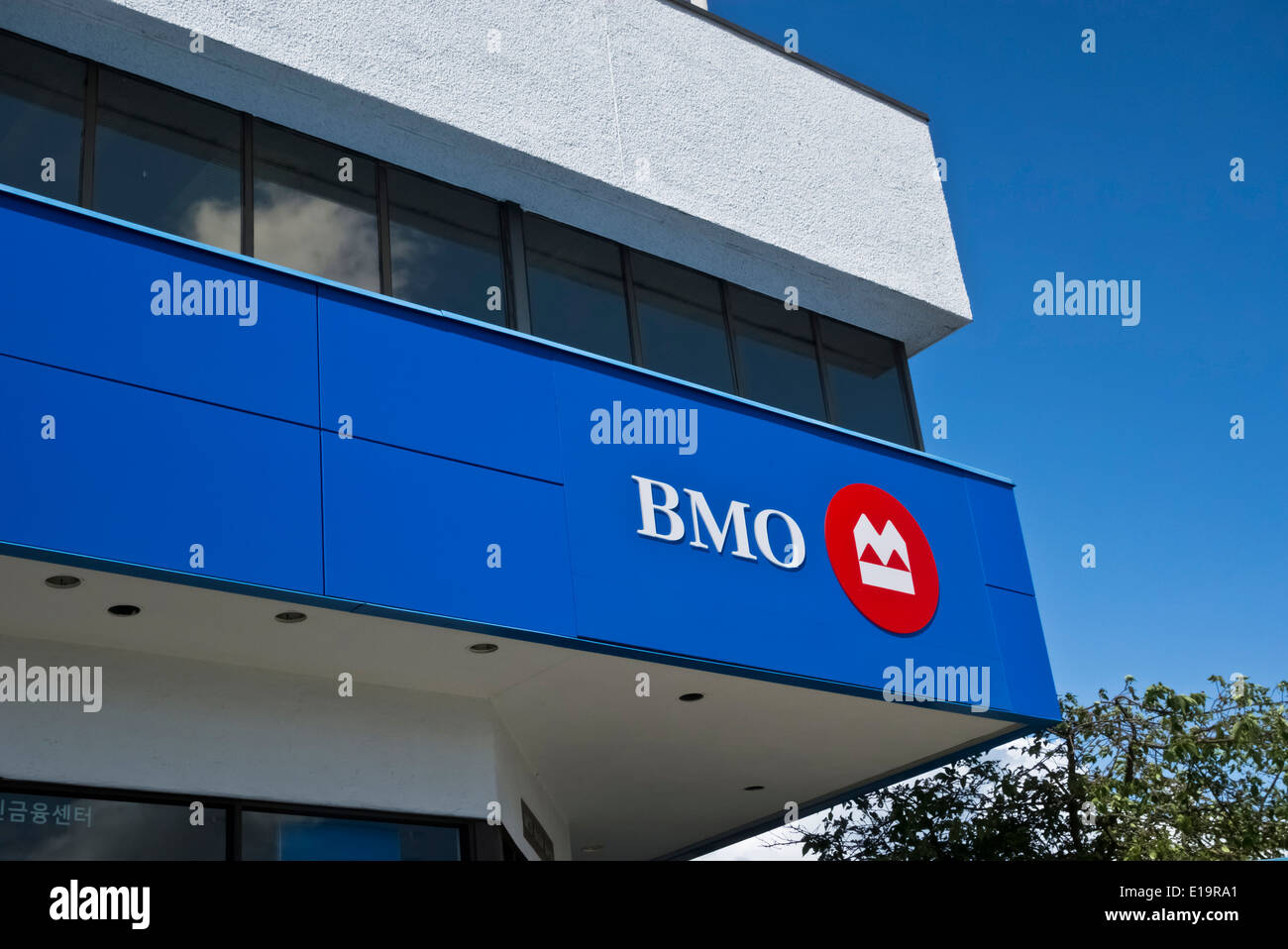 Bank of Montreal (BMO) sign on bank building in Coquitlam, British Columbia (Greater Vancouver) Canada Stock Photo