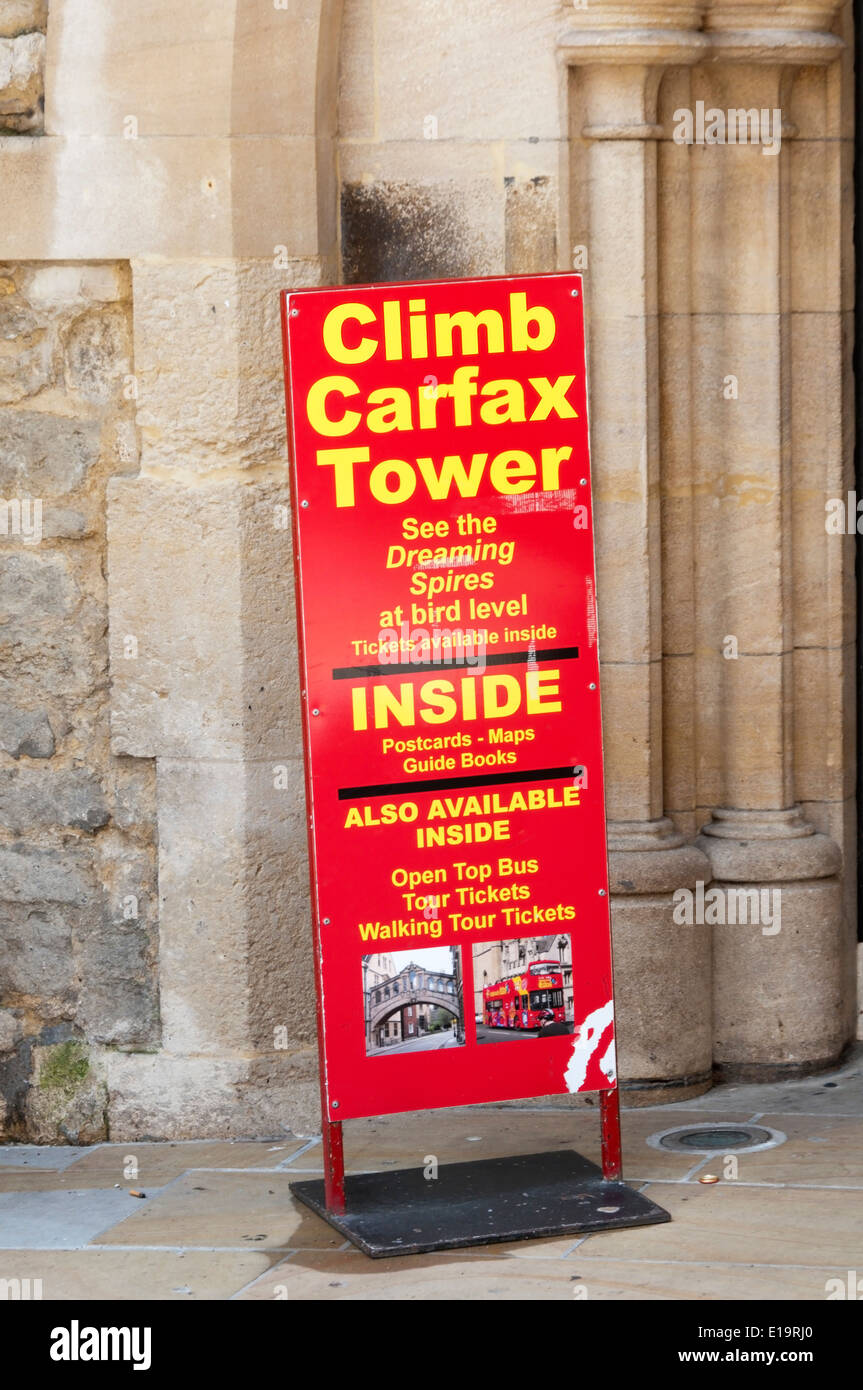 A sign in Oxford invites people to climb Carfax Tower for a view of the 'Dreaming Spires'. Stock Photo