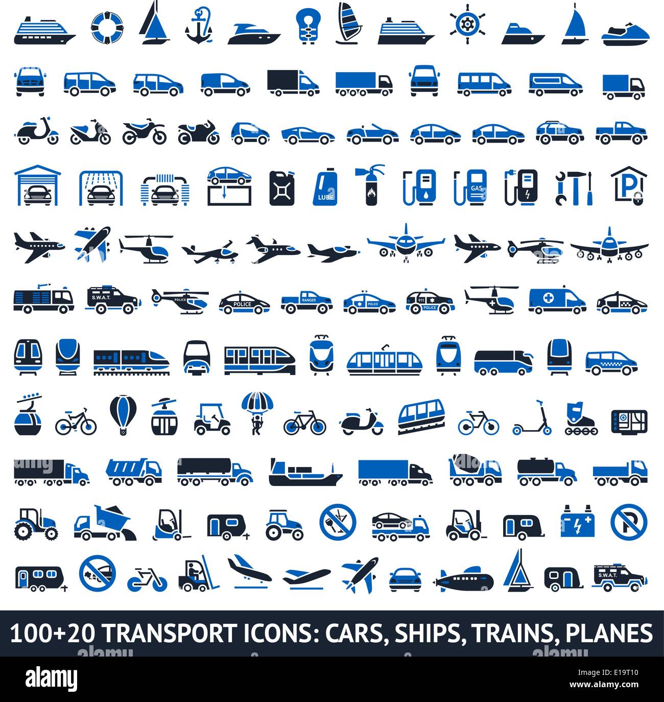 100 AND 20 Transport blue icons, vector illustrations, silhouettes ...