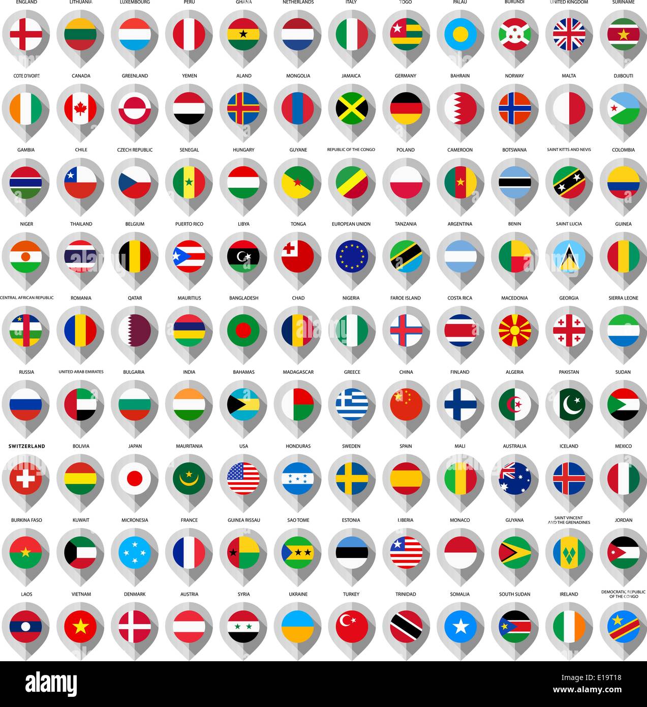 108 Map paper gray marker with flags. Big set Stock Vector