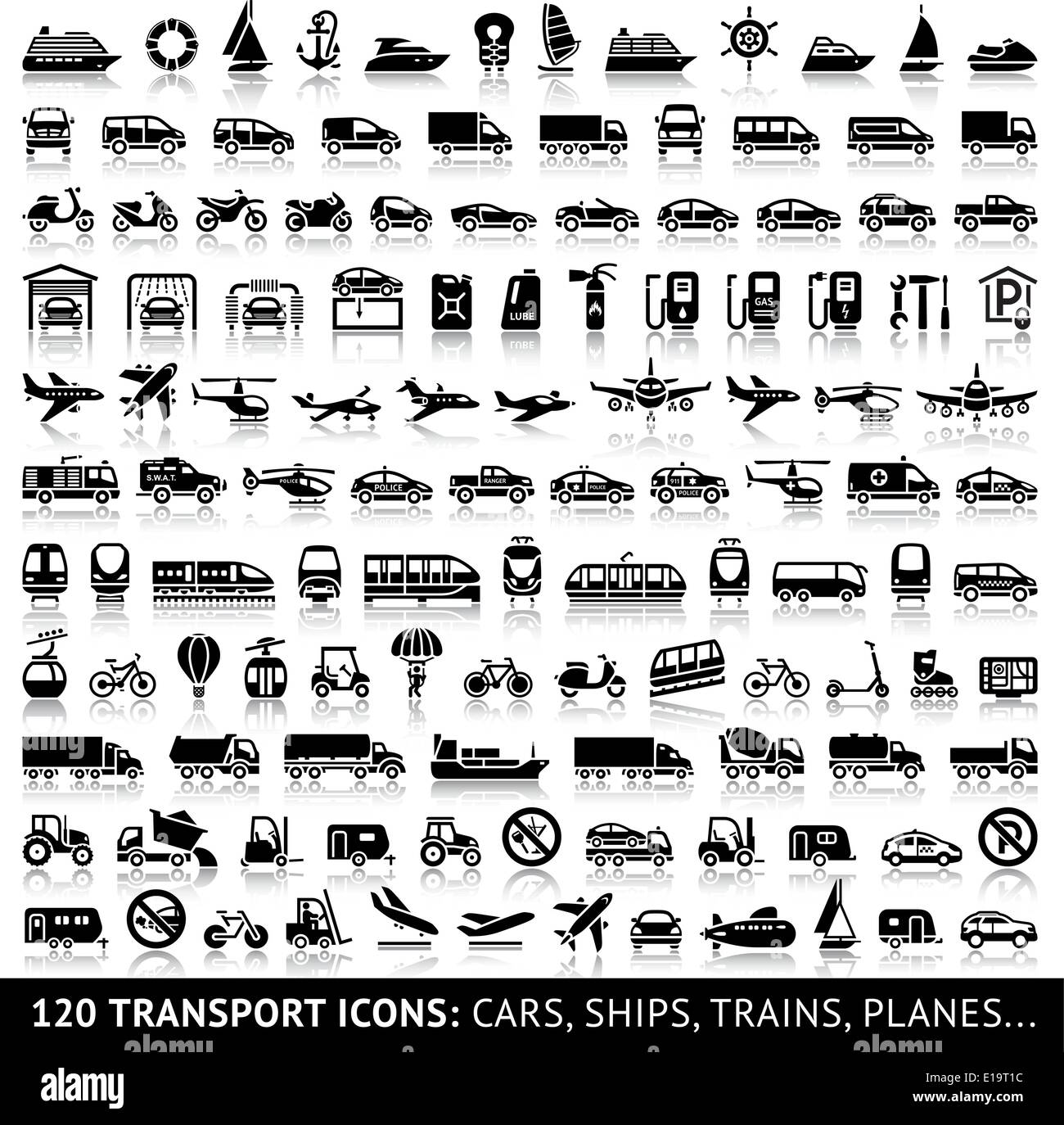 120 Transport icon with reflection: Cars, Ships, Trains, Planes..., vector illustrations, set silhouettes isolated on white back Stock Vector