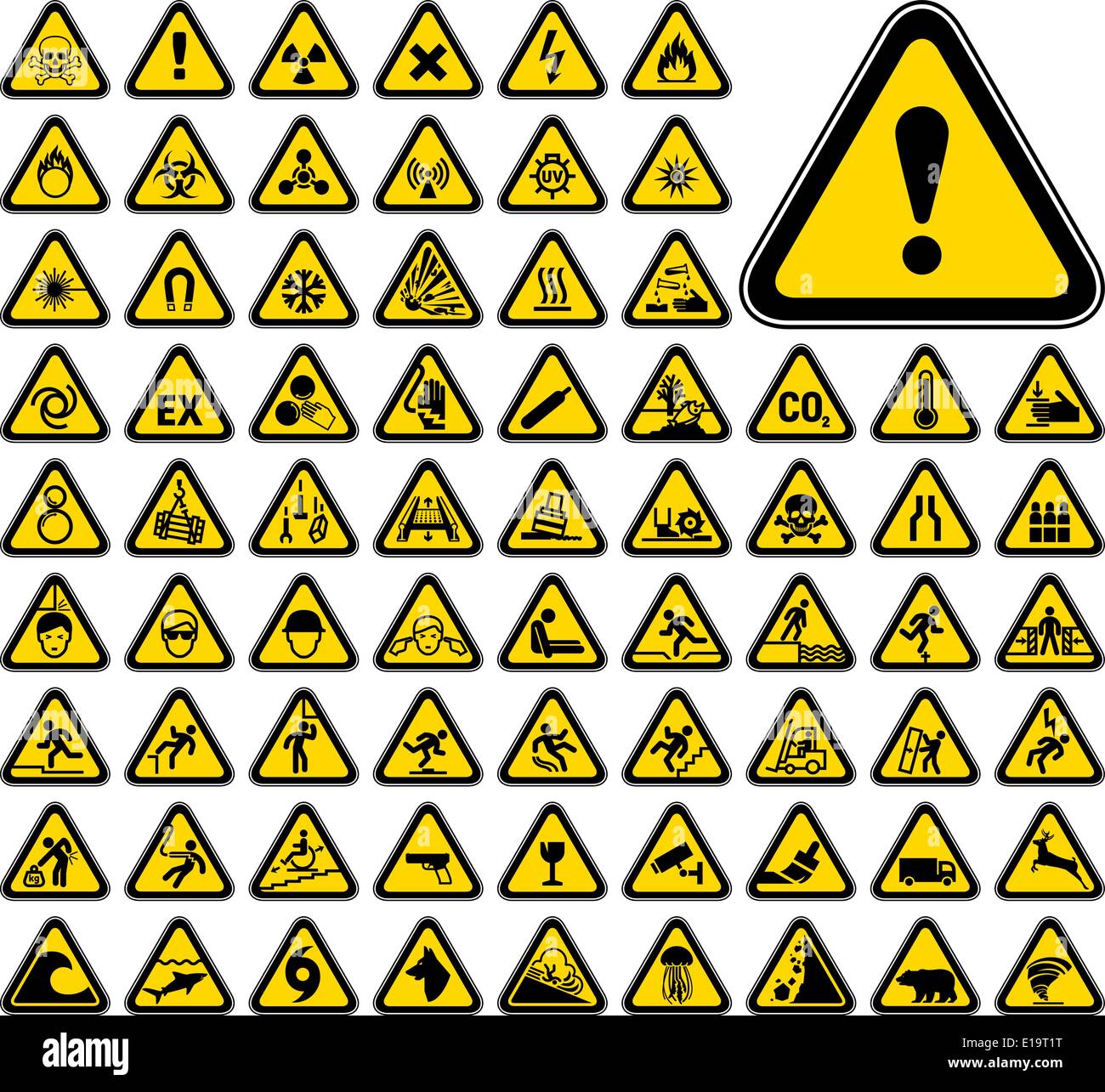 72 Triangular Warning Hazard Symbols Stock Vector