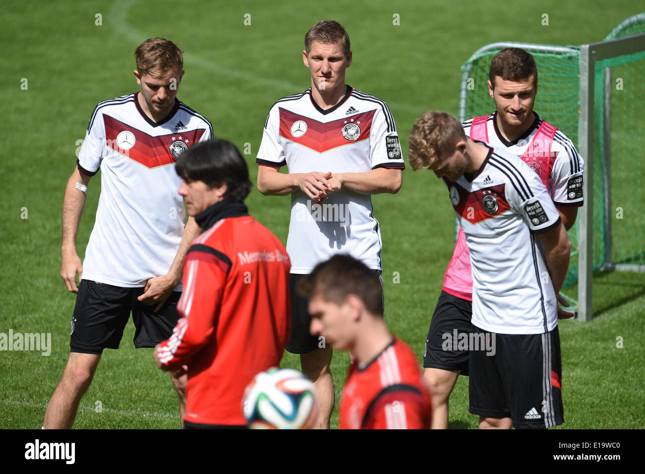 Passeier, Italy. 28th May, 2014. Christoph Kramer (from L), head coach Joachim Löw, Bastian Schweinsteiger, Andre Schuerrle and Shkodran Mustafi of the German national soccer team attend a training session on a training ground at St. Leonhard in Passeier, Italy, 28 May 2014. Germany's national soccer squad prepares for the upcoming FIFA World Cup 2014 in Brazil at a training camp in South Tyrol until 30 May 2014. Photo: Andreas Gebert/dpa/Alamy Live News Stock Photo