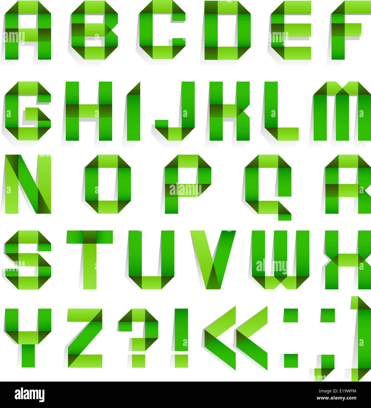 Alphabet folded paper - Green letters. Roman alphabet (A, B, C, D, E, F, G, H, I, J, K, L, M, N, O, P, Q, R, S, T, U, V, W, X, Y Stock Vector