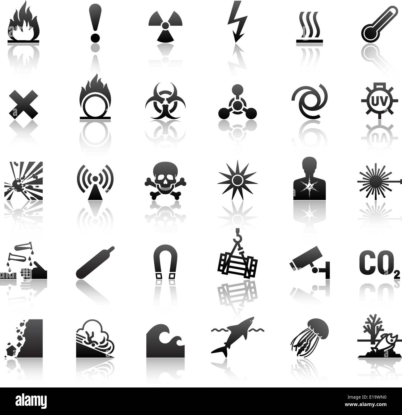 black symbols danger icons, design element Stock Vector