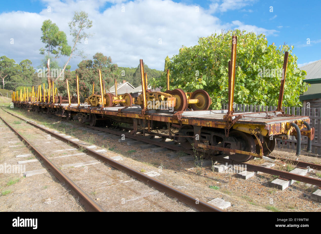 Flatbed railway wagons in Pemberton, Western Australia Stock Photo