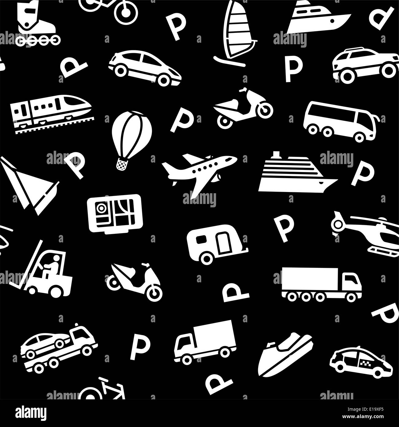 Seamless black background, white transport icons. Wrapping paper Stock ...