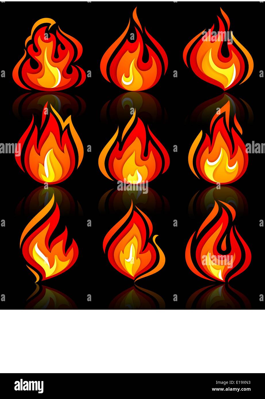 Fire flames new set, with reflection on a blackground. Vector illustration 10eps Stock Vector